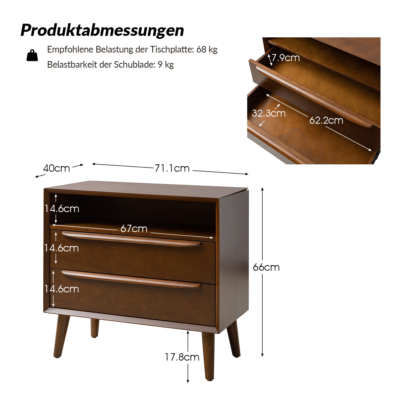 Lilian Nachttisch mit 2 Schubladen und integrierten Steckdosen