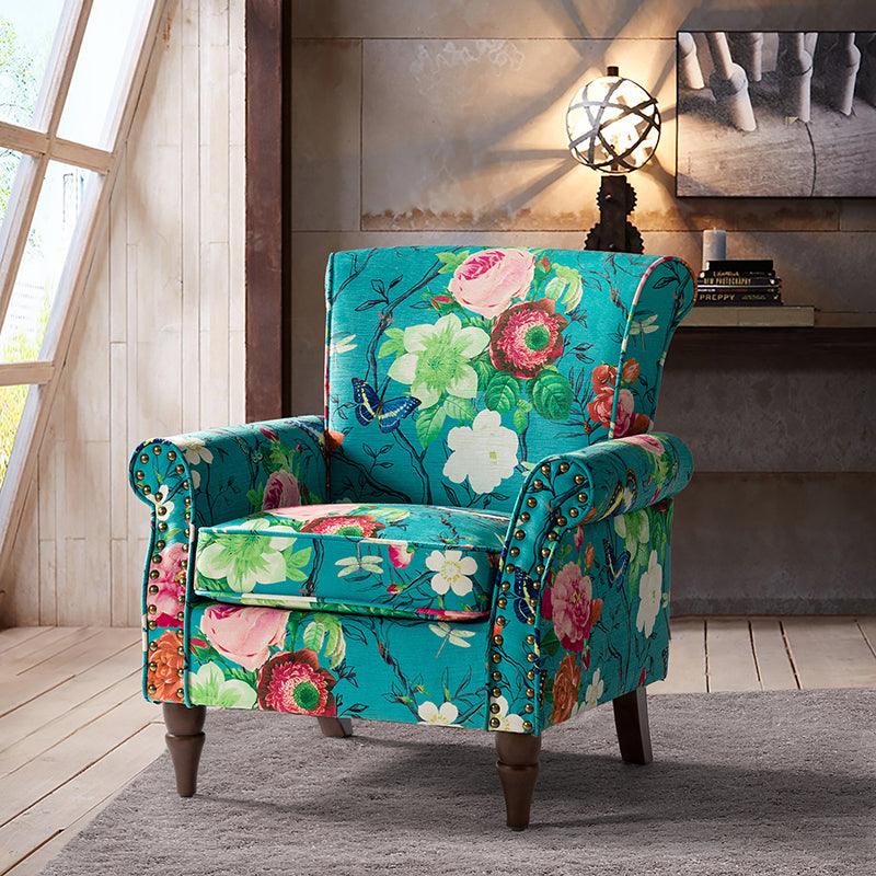 Modern Floral Pattern Upholstered Armchair with Wood Legs - Hulala Home